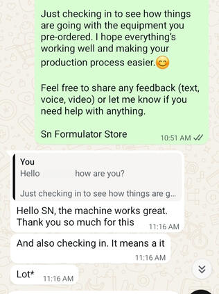 She received her 10 litres manual filling machine and confirmed that it worked great and appreciated me checking with her to know if it was working properly.